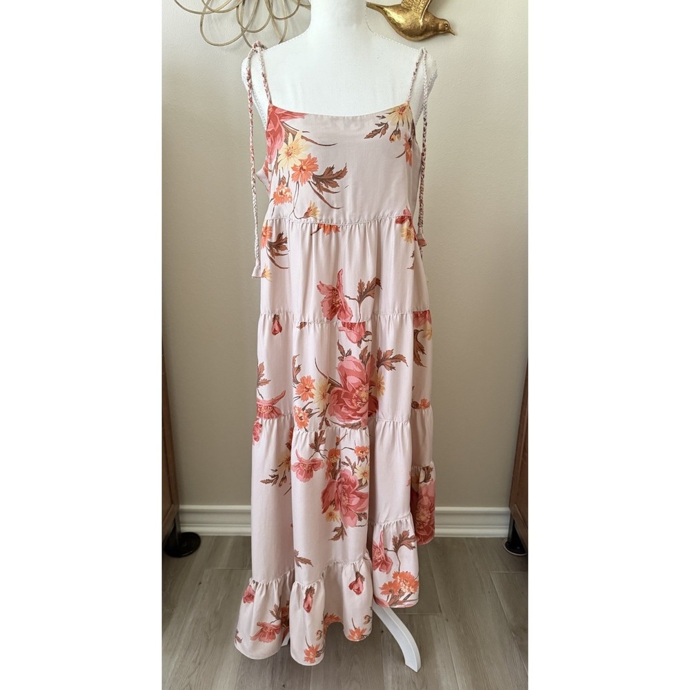 Unsubscribed 100% Silk Floral Maxi Dress Braided Tie Straps Pink Size 10
